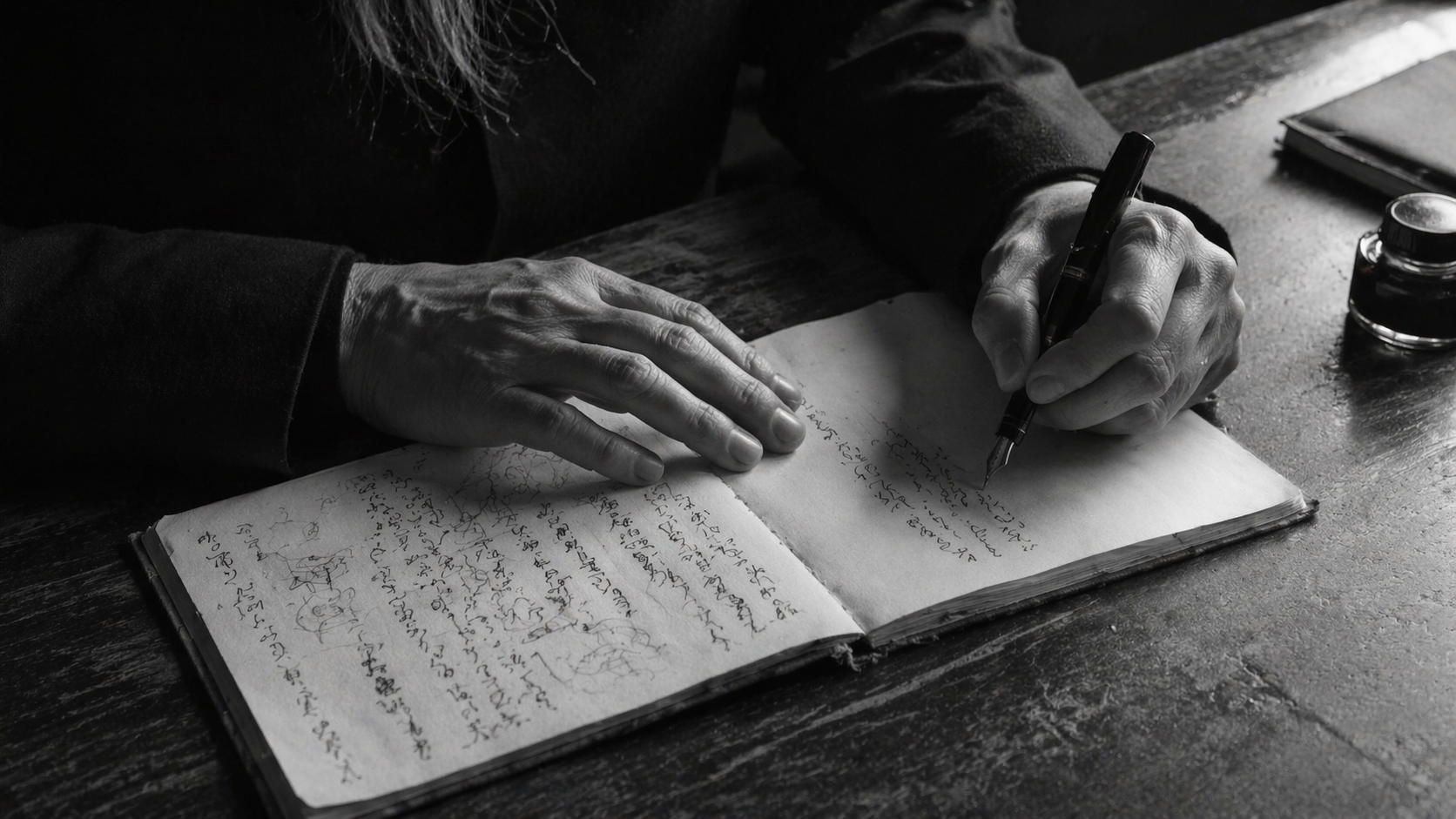 研究ノートに書き込む手